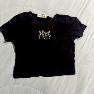 Black Graphic Tee with Dancing Skeletons